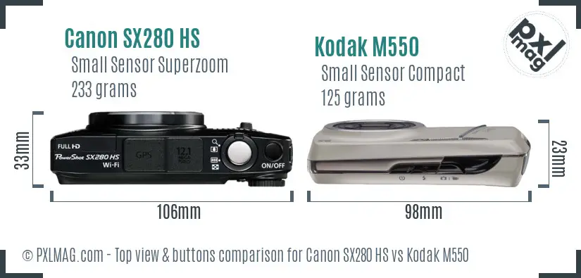 Canon SX280 HS vs Kodak M550 top view buttons comparison Canon SX280 HS vs Kodak M550 top view buttons comparison