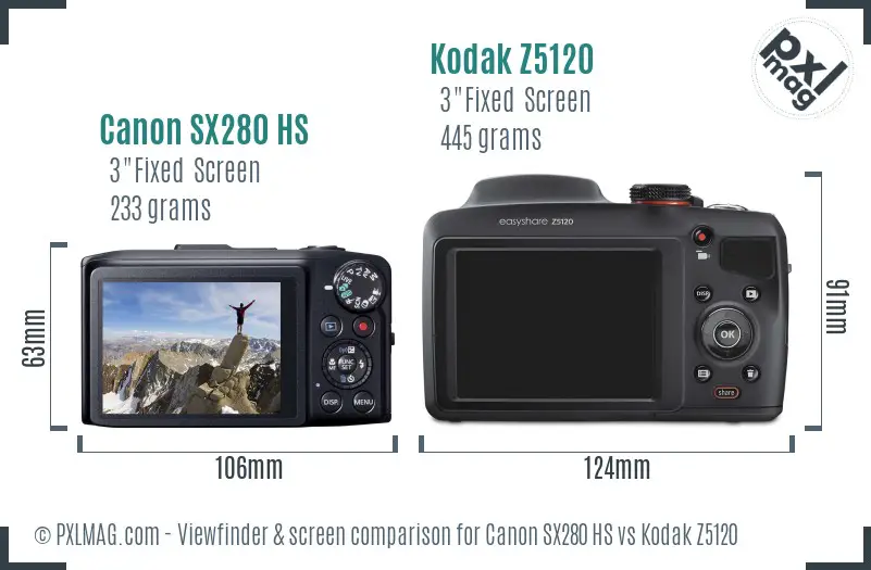 Canon SX280 HS vs Kodak Z5120 Screen and Viewfinder comparison