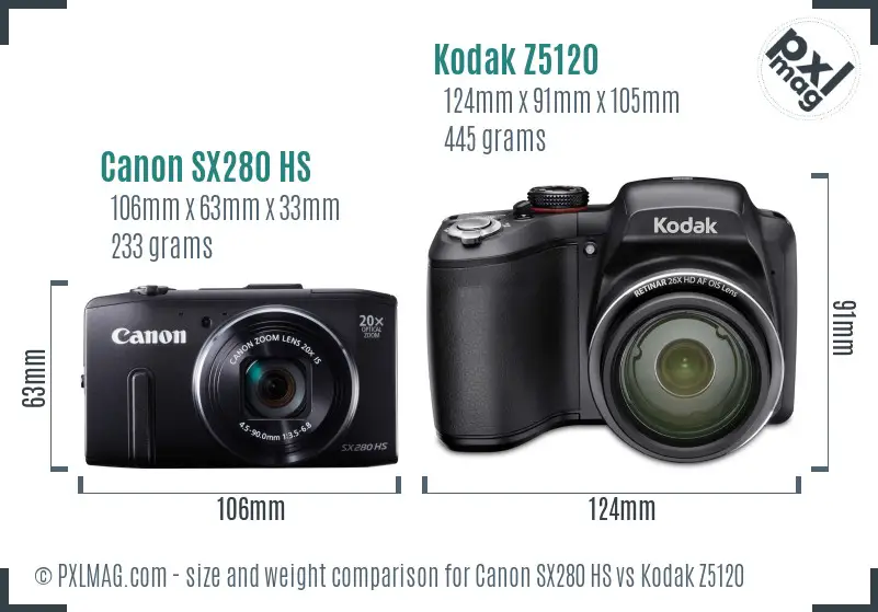 Canon SX280 HS vs Kodak Z5120 size comparison