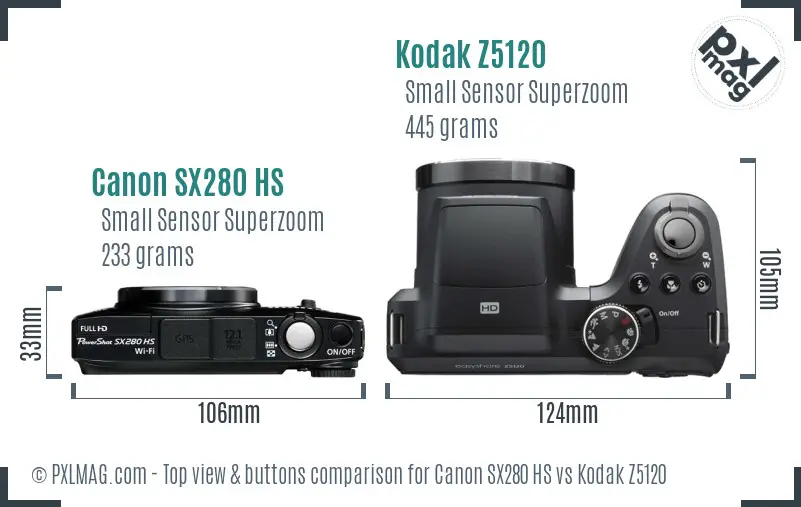 Canon SX280 HS vs Kodak Z5120 top view buttons comparison