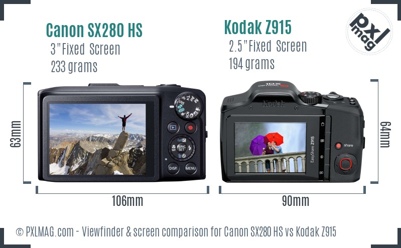 Canon SX280 HS vs Kodak Z915 Screen and Viewfinder comparison