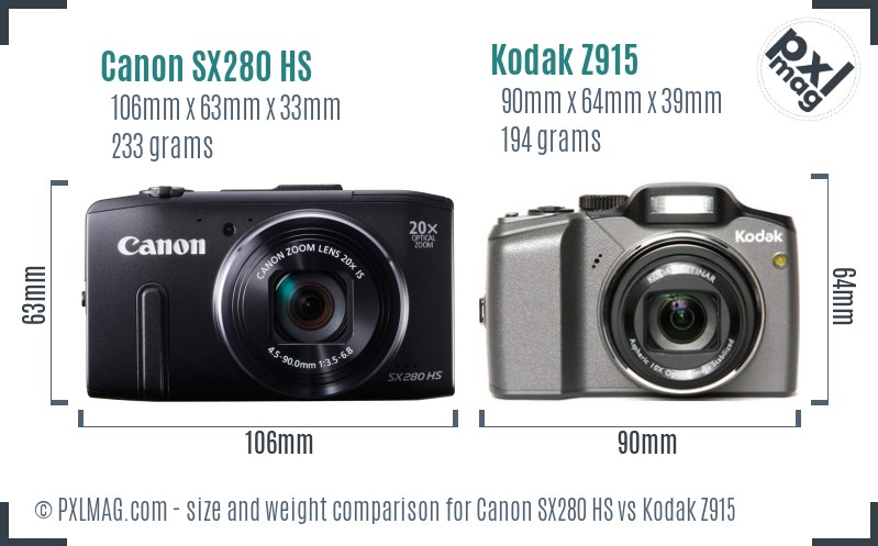 Canon SX280 HS vs Kodak Z915 size comparison