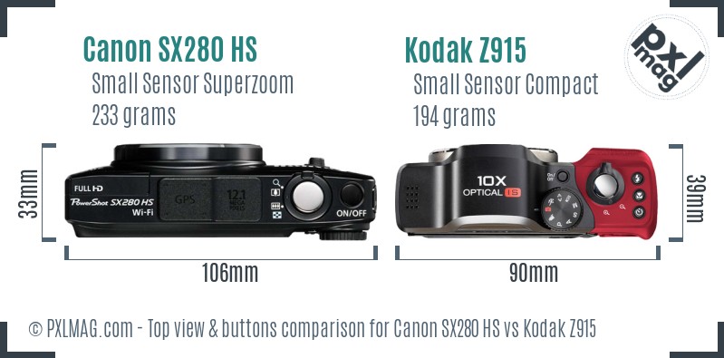 Canon SX280 HS vs Kodak Z915 top view buttons comparison