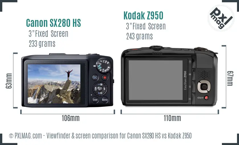 Canon SX280 HS vs Kodak Z950 Screen and Viewfinder comparison