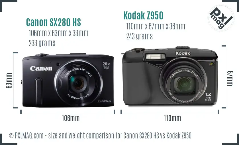 Canon SX280 HS vs Kodak Z950 size comparison