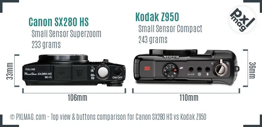 Canon SX280 HS vs Kodak Z950 top view buttons comparison