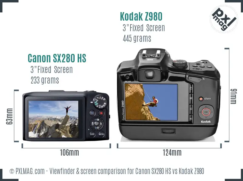 Canon SX280 HS vs Kodak Z980 Screen and Viewfinder comparison