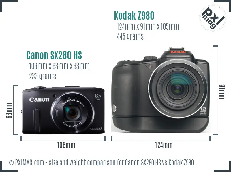 Canon SX280 HS vs Kodak Z980 size comparison