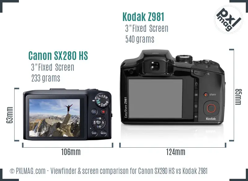 Canon SX280 HS vs Kodak Z981 Screen and Viewfinder comparison