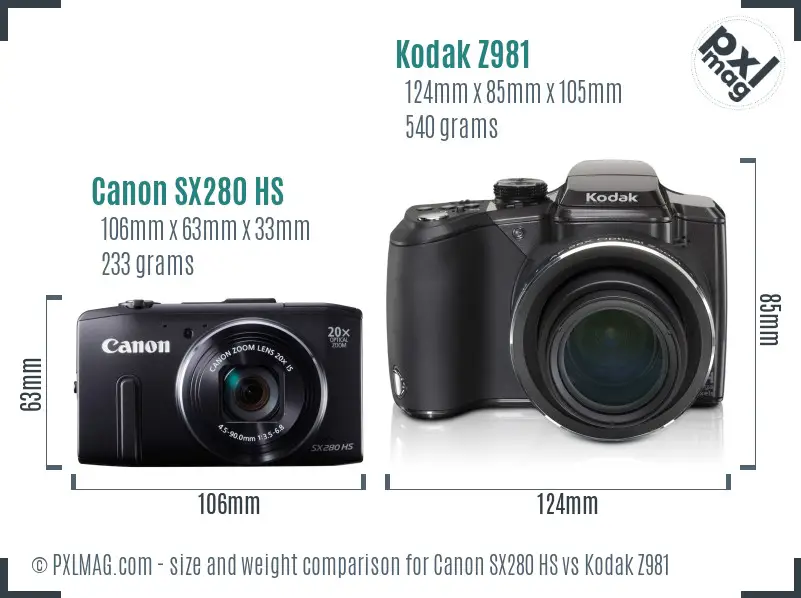 Canon SX280 HS vs Kodak Z981 size comparison