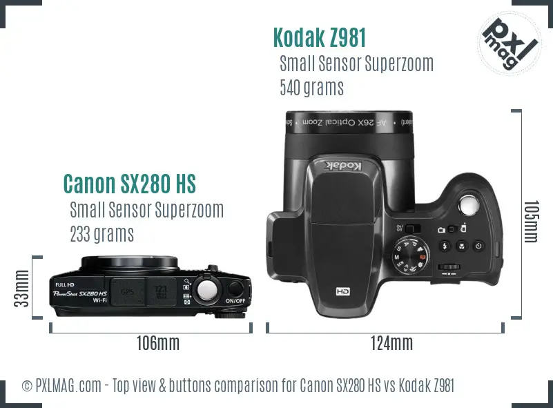 Canon SX280 HS vs Kodak Z981 top view buttons comparison