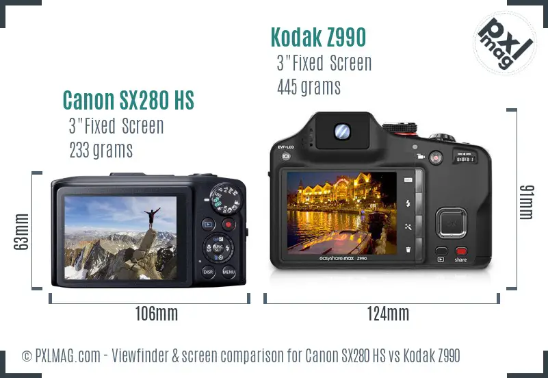 Canon SX280 HS vs Kodak Z990 Screen and Viewfinder comparison