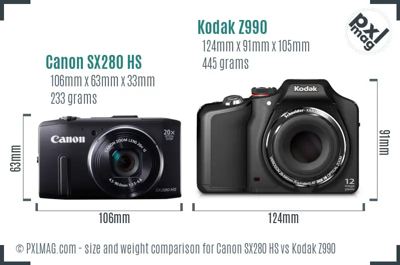 Canon SX280 HS vs Kodak Z990 size comparison