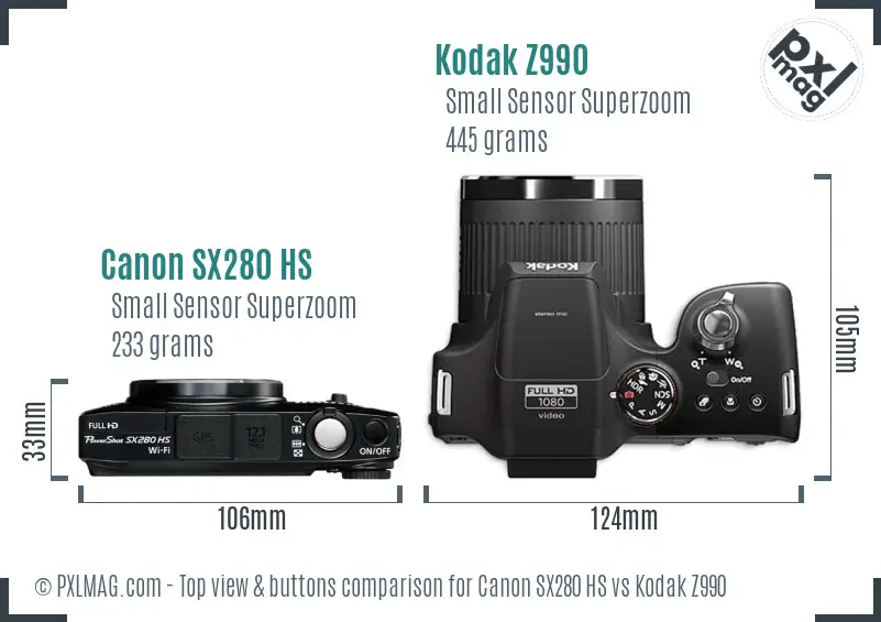 Canon SX280 HS vs Kodak Z990 top view buttons comparison