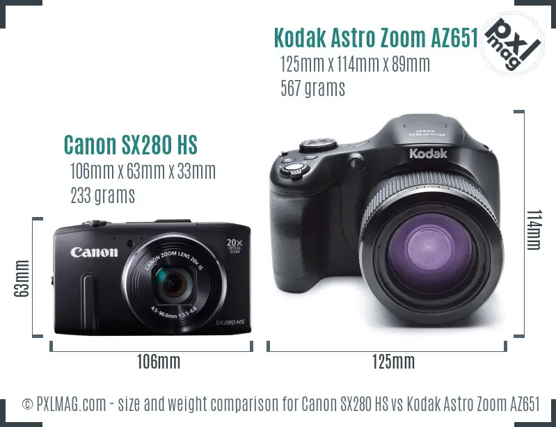 Canon SX280 HS vs Kodak Astro Zoom AZ651 size comparison Canon SX280 HS vs Kodak Astro Zoom AZ651 size comparison