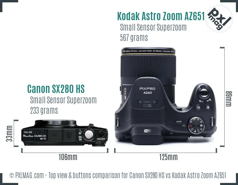 Canon SX280 HS vs Kodak Astro Zoom AZ651 top view buttons comparison Canon SX280 HS vs Kodak Astro Zoom AZ651 top view buttons comparison