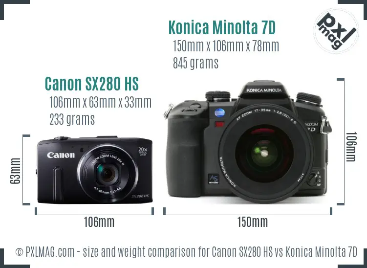 Canon SX280 HS vs Konica Minolta 7D size comparison
