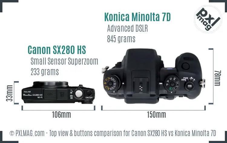 Canon SX280 HS vs Konica Minolta 7D top view buttons comparison