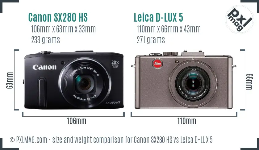 Canon SX280 HS vs Leica D-LUX 5 size comparison Canon SX280 HS vs Leica D-LUX 5 size comparison