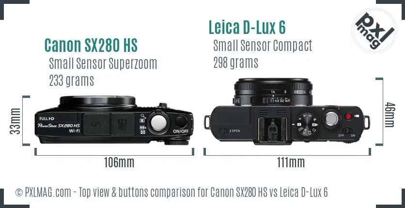 Canon SX280 HS vs Leica D-Lux 6 top view buttons comparison