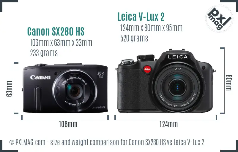 Canon SX280 HS vs Leica V-Lux 2 size comparison Canon SX280 HS vs Leica V-Lux 2 size comparison