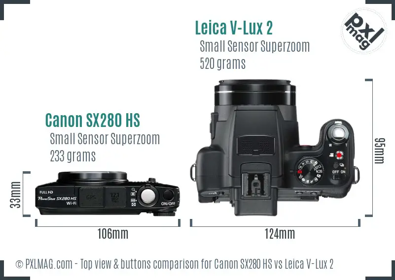 Canon SX280 HS vs Leica V-Lux 2 top view buttons comparison Canon SX280 HS vs Leica V-Lux 2 top view buttons comparison