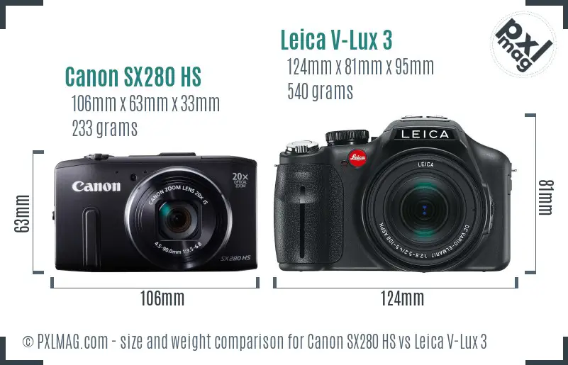 Canon SX280 HS vs Leica V-Lux 3 size comparison