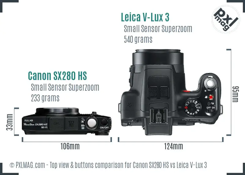 Canon SX280 HS vs Leica V-Lux 3 top view buttons comparison
