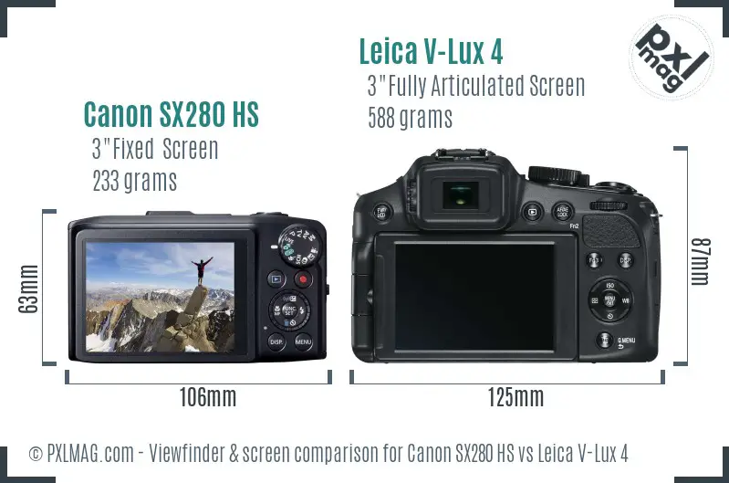 Canon SX280 HS vs Leica V-Lux 4 Screen and Viewfinder comparison