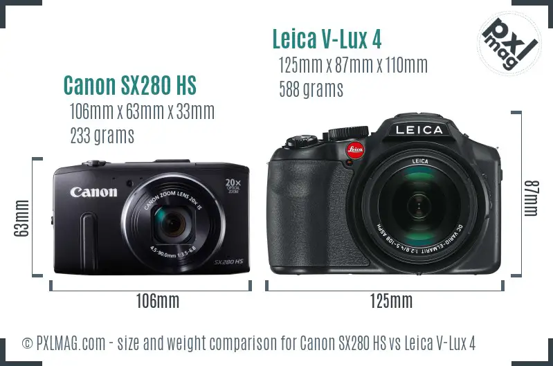 Canon SX280 HS vs Leica V-Lux 4 size comparison