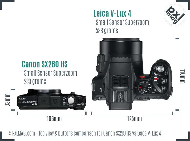 Canon SX280 HS vs Leica V-Lux 4 top view buttons comparison