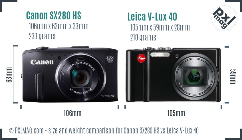 Canon SX280 HS vs Leica V-Lux 40 size comparison