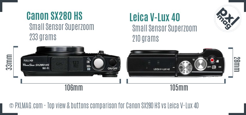 Canon SX280 HS vs Leica V-Lux 40 top view buttons comparison