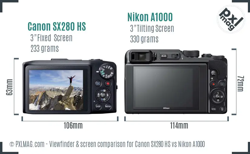 Canon SX280 HS vs Nikon A1000 Screen and Viewfinder comparison