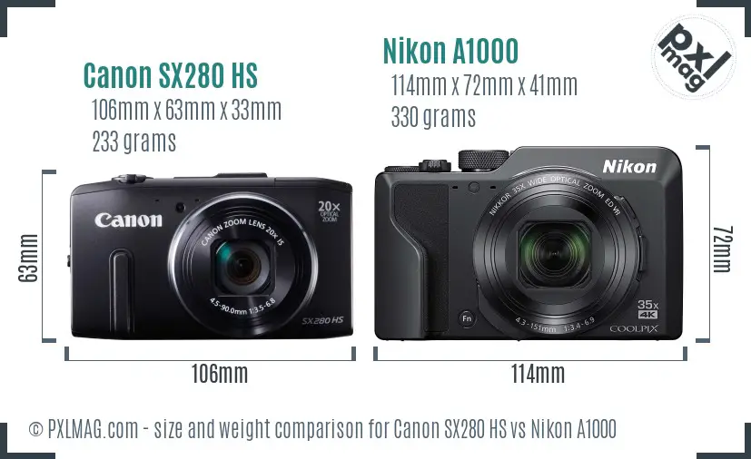 Canon SX280 HS vs Nikon A1000 size comparison