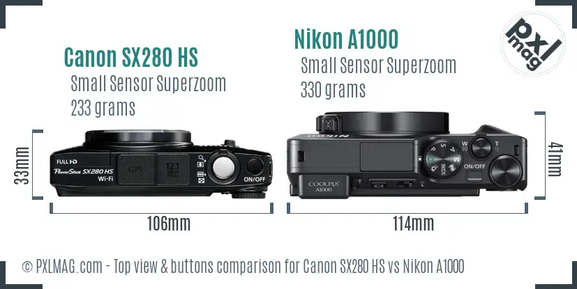 Canon SX280 HS vs Nikon A1000 top view buttons comparison