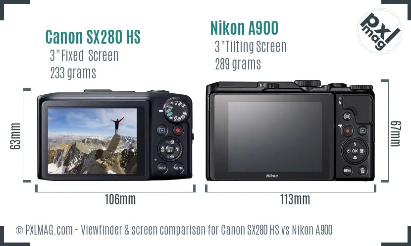 Canon SX280 HS vs Nikon A900 Screen and Viewfinder comparison
