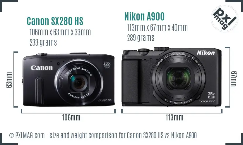 Canon SX280 HS vs Nikon A900 size comparison