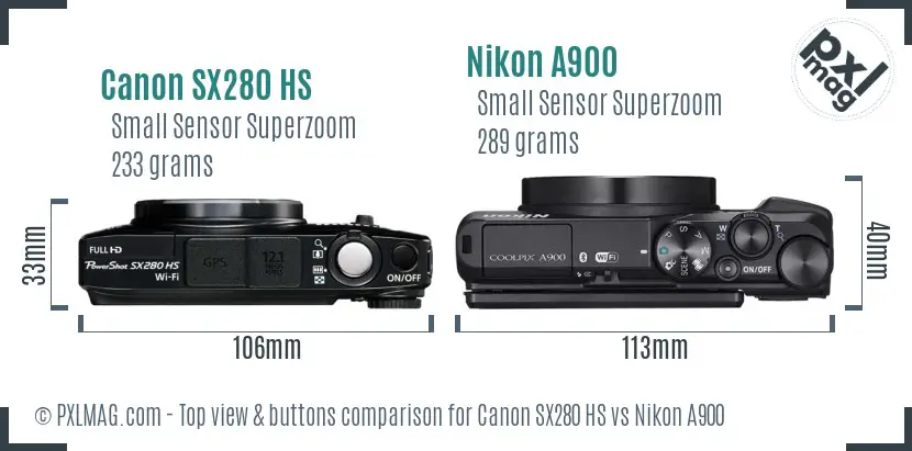 Canon SX280 HS vs Nikon A900 top view buttons comparison