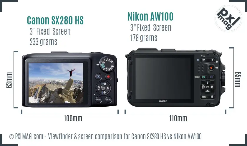 Canon SX280 HS vs Nikon AW100 Screen and Viewfinder comparison