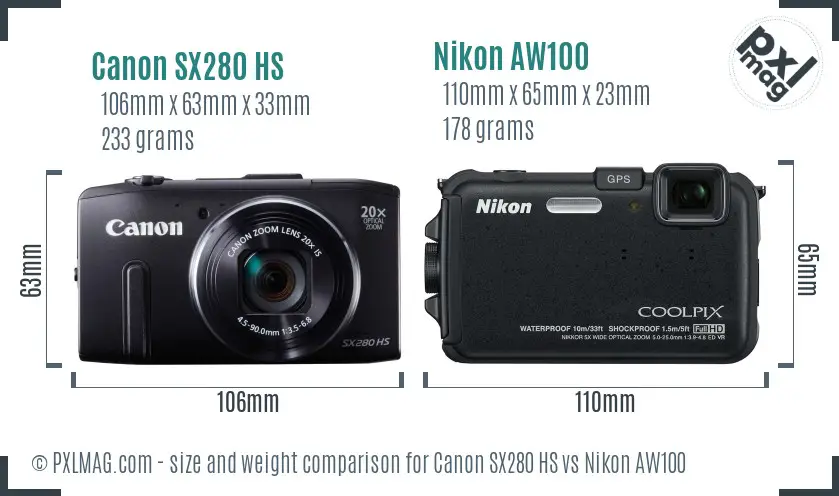 Canon SX280 HS vs Nikon AW100 size comparison