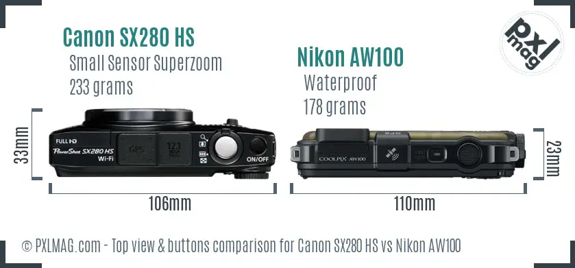 Canon SX280 HS vs Nikon AW100 top view buttons comparison