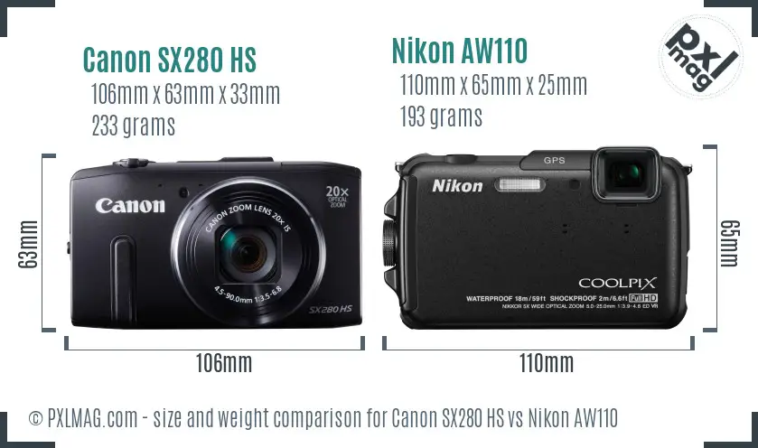 Canon SX280 HS vs Nikon AW110 size comparison Canon SX280 HS vs Nikon AW110 size comparison