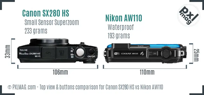 Canon SX280 HS vs Nikon AW110 top view buttons comparison Canon SX280 HS vs Nikon AW110 top view buttons comparison