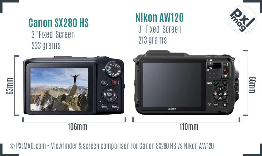 Canon SX280 HS vs Nikon AW120 Screen and Viewfinder comparison