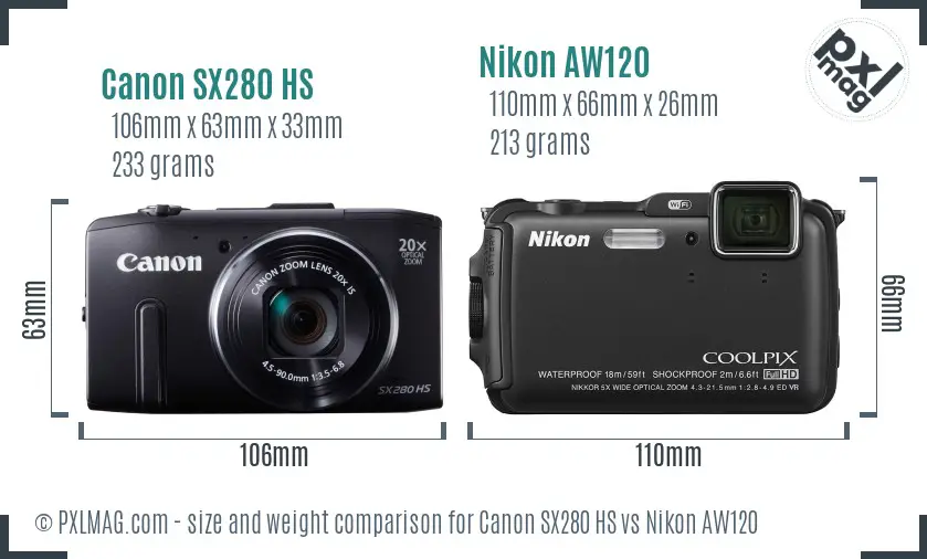 Canon SX280 HS vs Nikon AW120 size comparison
