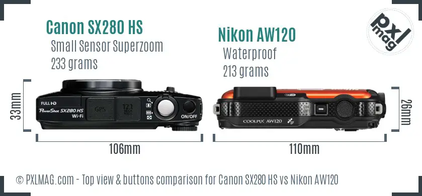 Canon SX280 HS vs Nikon AW120 top view buttons comparison