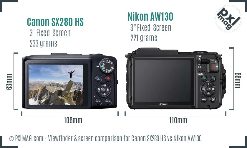 Canon SX280 HS vs Nikon AW130 Screen and Viewfinder comparison