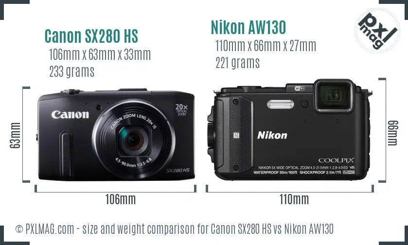 Canon SX280 HS vs Nikon AW130 size comparison