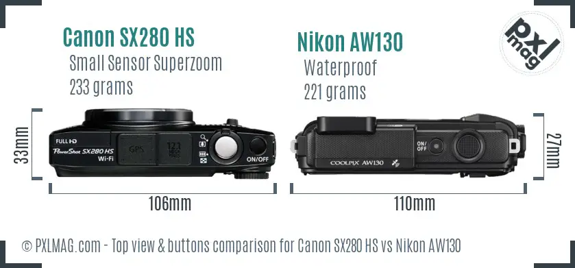 Canon SX280 HS vs Nikon AW130 top view buttons comparison